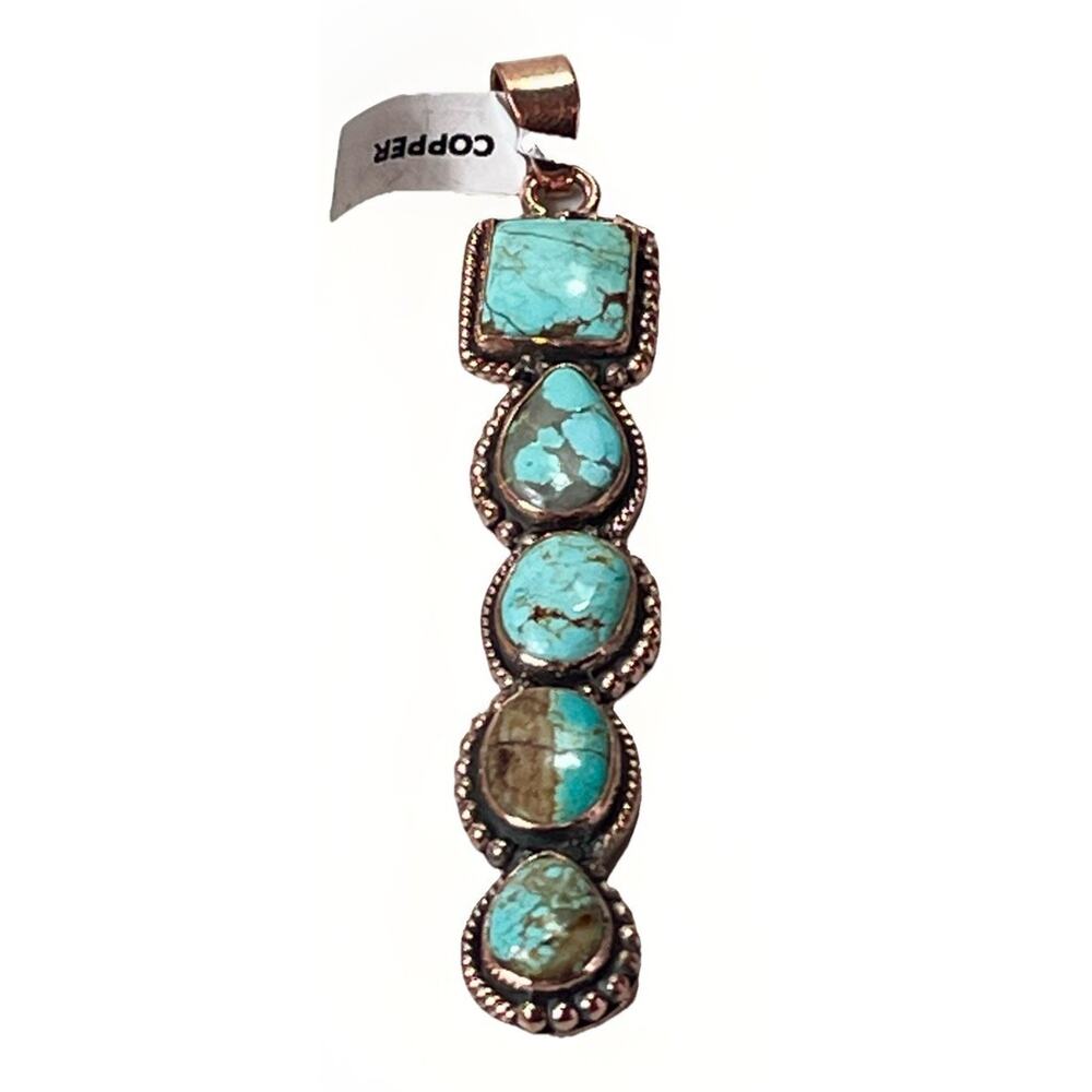Southwestern No. 8 Mine Turquoise Five Stone Copper Statement Pendant 3.5” - Picture 10 of 16